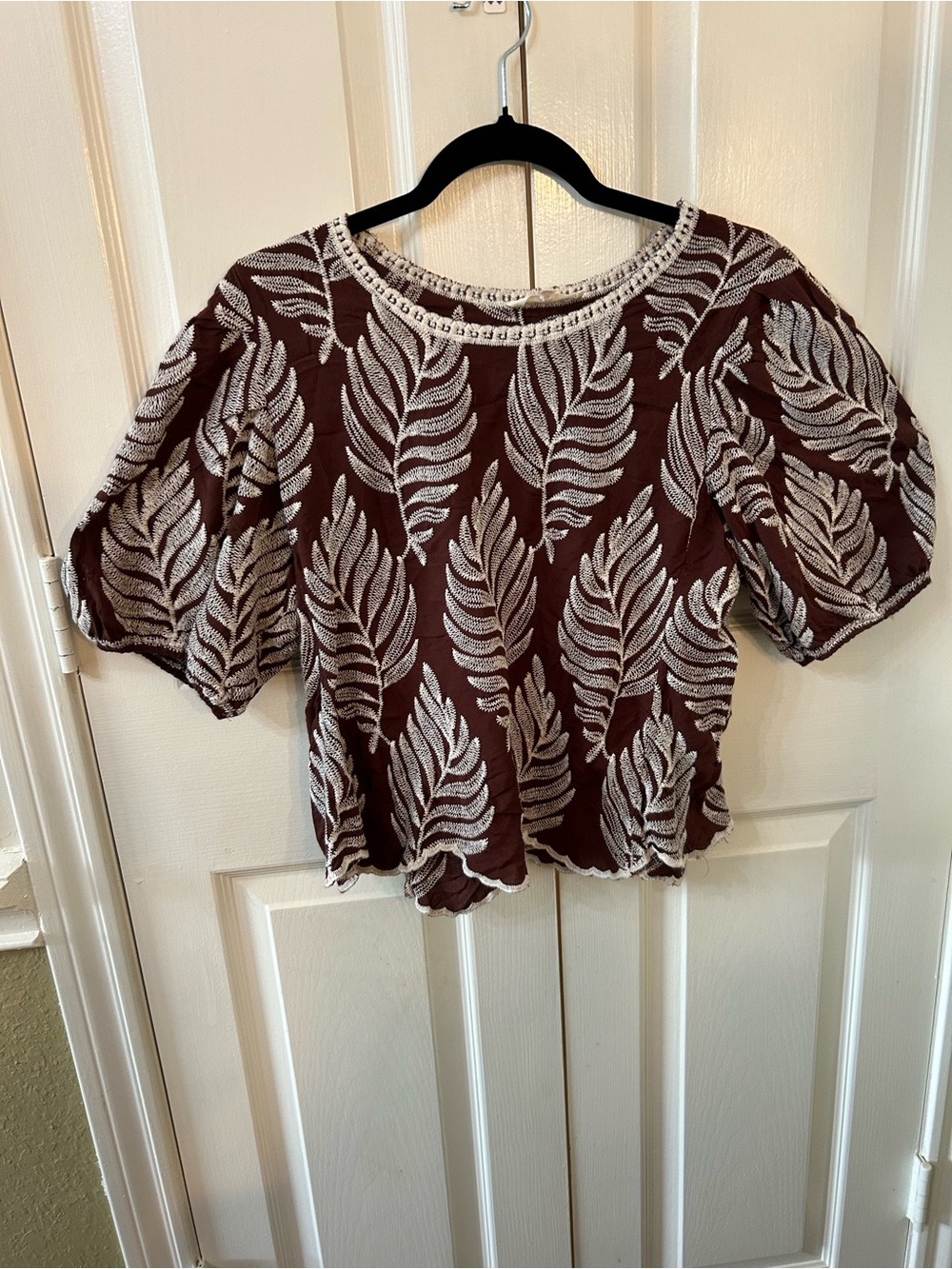 Solitaire Embroidered Boho Peasant Blouse Puff Sleeve Brown Ivory Women Size L